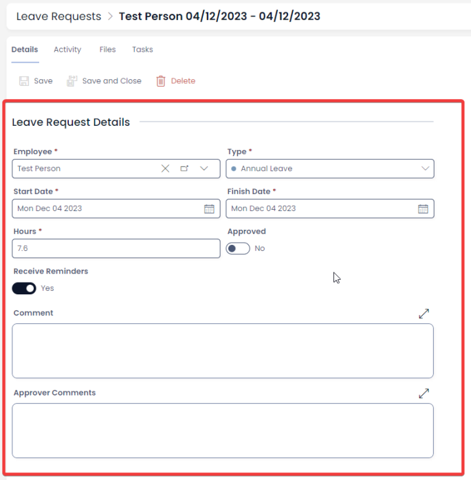 A screenshot that reveals the different fields that can be filled when creating a new leave request.